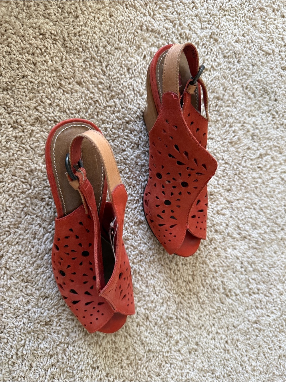 Women's Red Suede Cutout Slingback Wedge Sandals